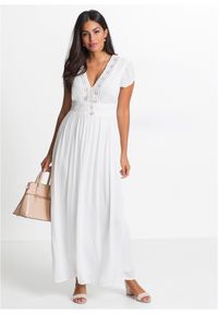 bonprix - Długa sukienka letnia z koronką. Kolor: biały. Materiał: koronka. Długość rękawa: krótki rękaw. Wzór: koronka. Sezon: lato. Długość: maxi #1