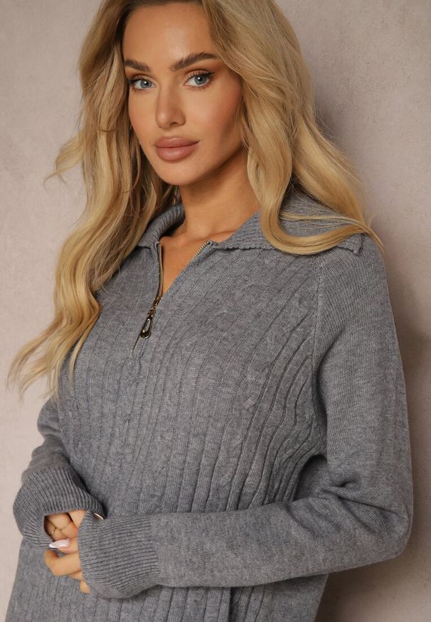 Renee - Szara Sukienka z Wełną i Bawełną Ozdobiona Suwakiem i Kołnierzykiem Leralina. Okazja: na co dzień. Kolor: szary. Materiał: bawełna, wełna. Wzór: aplikacja. Typ sukienki: proste. Styl: klasyczny, casual