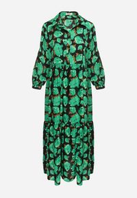 Born2be - Zielono-Czarna Rozkloszowana Sukienka Maxi w Abstrakcyjne Kwiaty z Guzikami Przy Dekolcie Millara. Kolor: zielony. Długość rękawa: długi rękaw. Wzór: kwiaty. Długość: maxi #3
