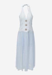 Born2be - Niebieska Sukienka z Wiązanym Dekoltem Typu Halter i Biżuteryjnymi Guzikami Raena. Okazja: na co dzień. Typ kołnierza: dekolt halter. Kolor: niebieski. Typ sukienki: proste. Styl: casual. Długość: midi #4