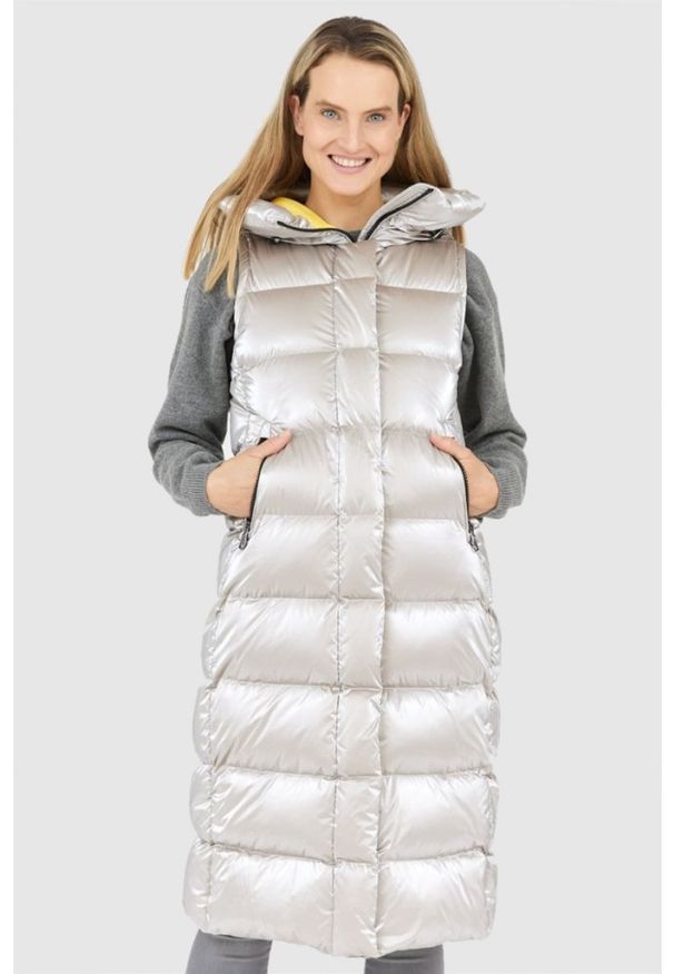 Hetrego - HETREGO Beżowy błyszczący płaszcz damski puchowy z odpinanymi rękawami summer, Rozmiar 36 EU - 40 IT. Kolor: beżowy. Materiał: puch