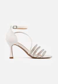 Renee - Białe Eleganckie Sandały VICES na Klepsydrowym Obcasie z Ozdobnymi Cyrkoniami Solenne. Zapięcie: pasek. Kolor: biały. Materiał: satyna. Obcas: na obcasie. Styl: elegancki. Wysokość obcasa: średni #2