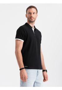 Ombre Clothing - Bawełniana męska koszulka polo z kontrastowymi wykończeniami – czarna V8 OM-POSS-0113 - XXL. Okazja: na co dzień. Typ kołnierza: polo. Kolor: czarny. Materiał: bawełna. Wzór: haft. Styl: casual #6