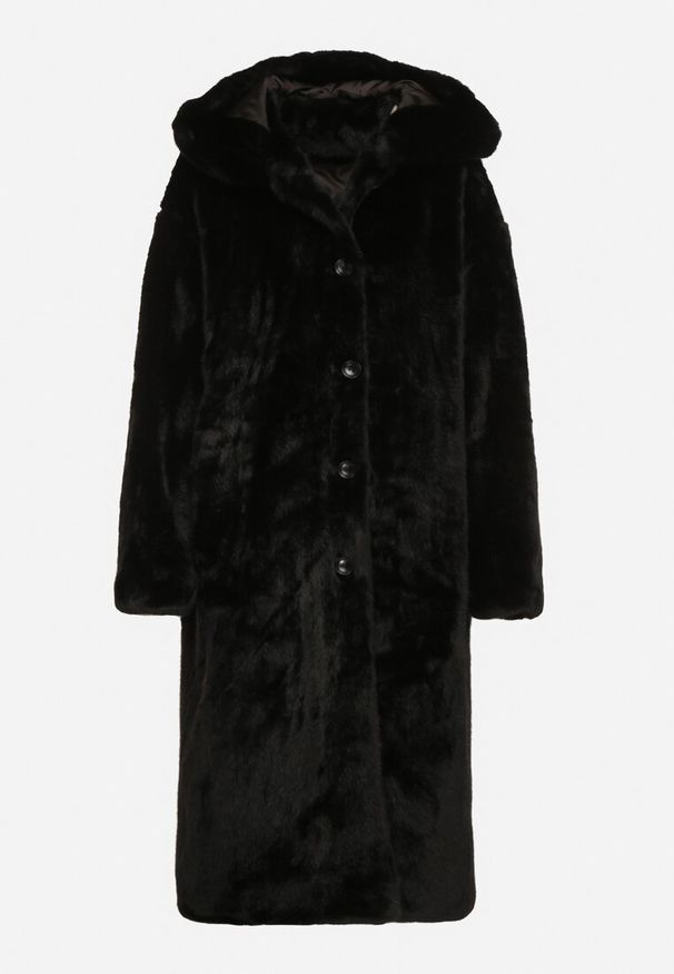 Born2be - Czarny Płaszcz Pluszowy z Kapturem Zereta. Okazja: na co dzień, na imprezę. Typ kołnierza: kaptur. Kolor: czarny. Materiał: jeans. Długość rękawa: długi rękaw. Długość: długie. Sezon: jesień, wiosna. Styl: casual, elegancki