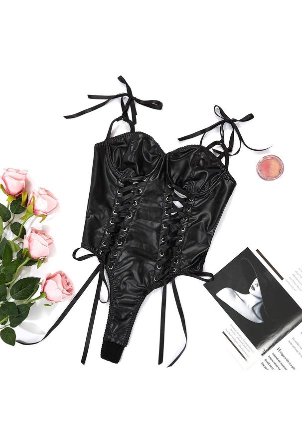 Intica - Body z usztywnianymi miseczkami na romantyczne wieczory Guerina. Kolor: czarny. Materiał: materiał. Wzór: paski