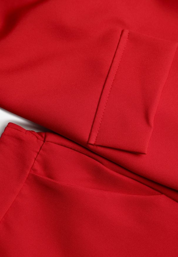 Renee - Czerwony Komplet o Garniturowym Kroju z Marynarką z Wiązaniem i Spodniami Falestra. Kolor: czerwony