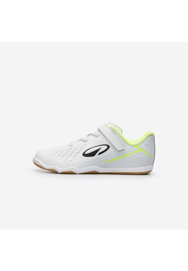 KIPSTA - Buty do piłki nożnej halowej dla dzieci Kipsta Sala Club Easy. Kolor: biały, szary, wielokolorowy. Materiał: syntetyk, kauczuk, poliester. Wzór: gładki. Sport: piłka nożna