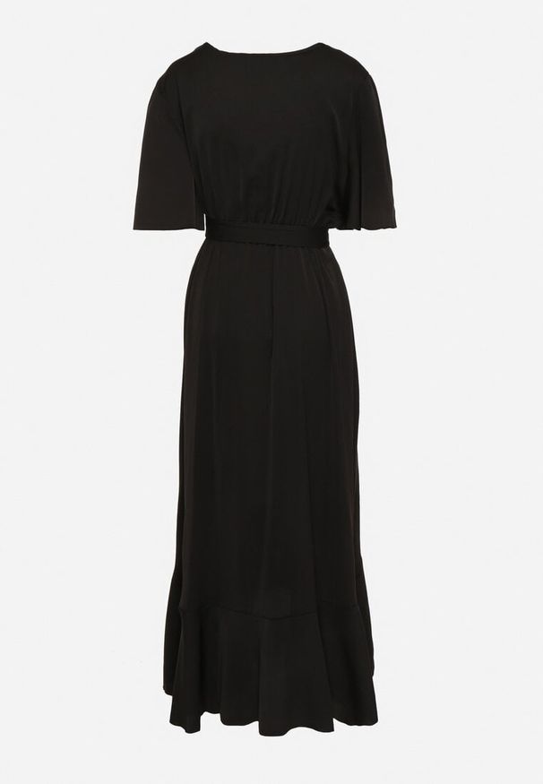 Born2be - Czarna Sukienka z Kopertowym Dekoltem Wiązana w Pasie z Gumką i Falbankami Alleria. Okazja: na co dzień. Typ kołnierza: kołnierz z falbankami. Kolor: czarny. Długość rękawa: krótki rękaw. Typ sukienki: kopertowe. Styl: casual