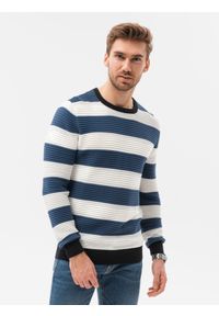 Ombre Clothing - Sweter męski w paski E189 - ciemnoniebieski - XXL. Kolor: niebieski. Materiał: bawełna, dzianina. Wzór: paski. Styl: klasyczny