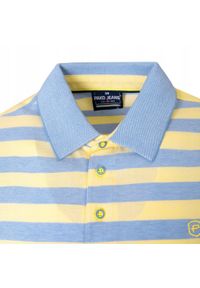 Bawełniana, Męska Koszulka Polo - Pako Jeans - Żółte Pasy. Okazja: na co dzień. Typ kołnierza: polo. Kolor: żółty, złoty, wielokolorowy. Materiał: bawełna. Wzór: prążki, paski. Styl: casual #7