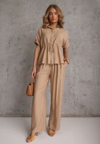 Renee - Beżowy Komplet z Wiskozy Spodnie Wide Leg i Bluzka ze Ściągaczem w Talii Daemnell. Kolor: beżowy. Materiał: wiskoza #4