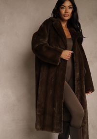 Renee - Brązowy Futrzany Płaszcz Oversize z Kieszeniami z Klapami Zellnessa. Okazja: na co dzień. Kolor: brązowy. Materiał: futro. Styl: casual #4