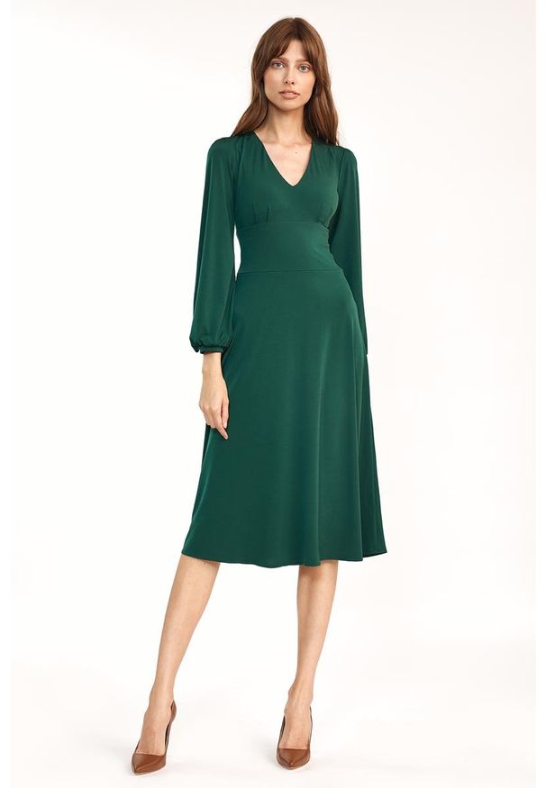 Nife - Zielona Elegancka Midi Sukienka z Bufiastym Rękawem. Kolor: zielony. Materiał: elastan. Styl: elegancki. Długość: midi
