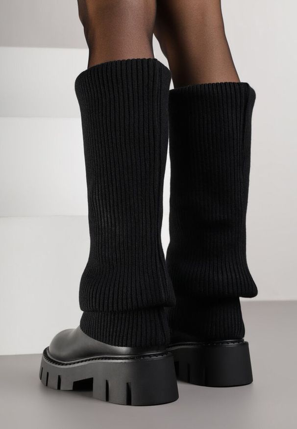 Renee - Czarne Kozaki Chunky z Dzianinową Cholewką Imitującą Nogawkę Fenema. Okazja: na co dzień. Kolor: czarny. Materiał: dzianina. Szerokość cholewki: normalna. Styl: casual