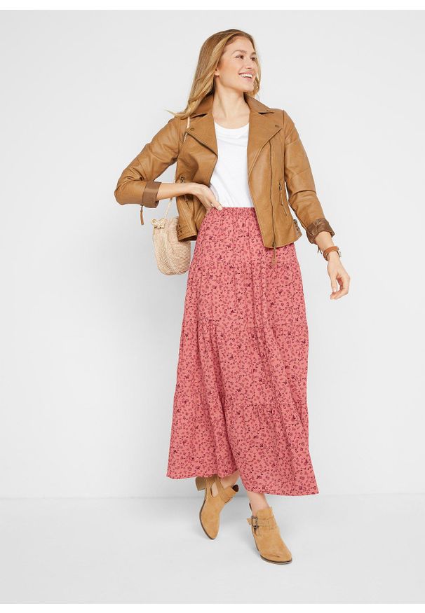 bonprix - Spódnica maxi z falban. Kolor: różowy. Materiał: bawełna