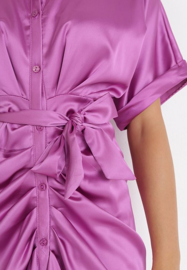 Born2be - Ciemnofioletowa Koszulowa Sukienka z Wiązanym Paskiem Kathana. Kolor: fioletowy. Materiał: materiał. Typ sukienki: koszulowe