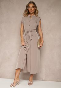 Renee - Brązowa Sukienka z Paskiem Koszulowa o Rozkloszowanym Fasonie Mavoselle. Okazja: na co dzień. Kolor: brązowy. Materiał: jeans. Typ sukienki: koszulowe. Styl: elegancki, casual #3