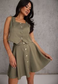 Renee - Zielony Komplet z Kamizelką i Rozkloszowaną Spódnicą z Eleganckimi Guzikami Jenane. Kolor: zielony #1