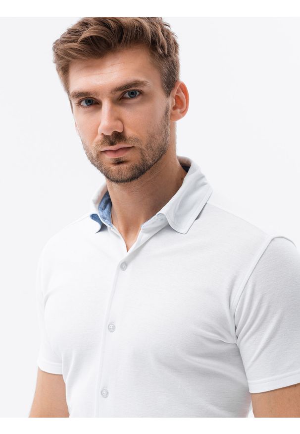 Ombre Clothing - Koszula męska z krótkim rękawem K541 - biała - XXL. Typ kołnierza: kołnierzyk klasyczny. Kolor: biały. Materiał: dzianina, bawełna. Długość rękawa: krótki rękaw. Długość: krótkie. Sezon: lato. Styl: klasyczny