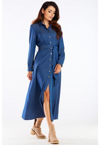 Awama - Trapezowa koszulowa sukienka maxi z paskiem niebieski jeans. Okazja: na co dzień. Kolor: niebieski. Materiał: jeans. Wzór: nadruk. Typ sukienki: trapezowe, koszulowe. Styl: casual, elegancki, sportowy. Długość: maxi #2
