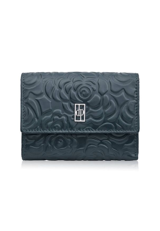 PAOLO PERUZZI - Portfel damski skórzany granatowy w orientacji poziomej RFID Paolo Peruzzi AL-15-NV. Kolor: niebieski. Materiał: skóra. Wzór: aplikacja, kwiaty