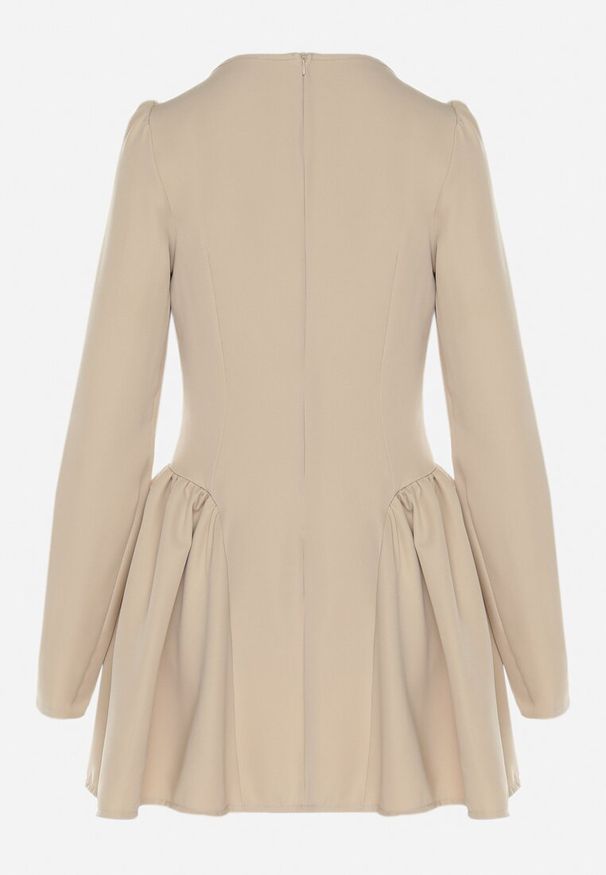 Born2be - Beżowa Koktajlowa Sukienka o Rozkloszowanym Kroju z Falbankami i Gorsetem Farian. Typ kołnierza: dekolt gorset, kołnierz z falbankami. Kolor: beżowy. Długość rękawa: długi rękaw. Typ sukienki: gorsetowe. Styl: wizytowy