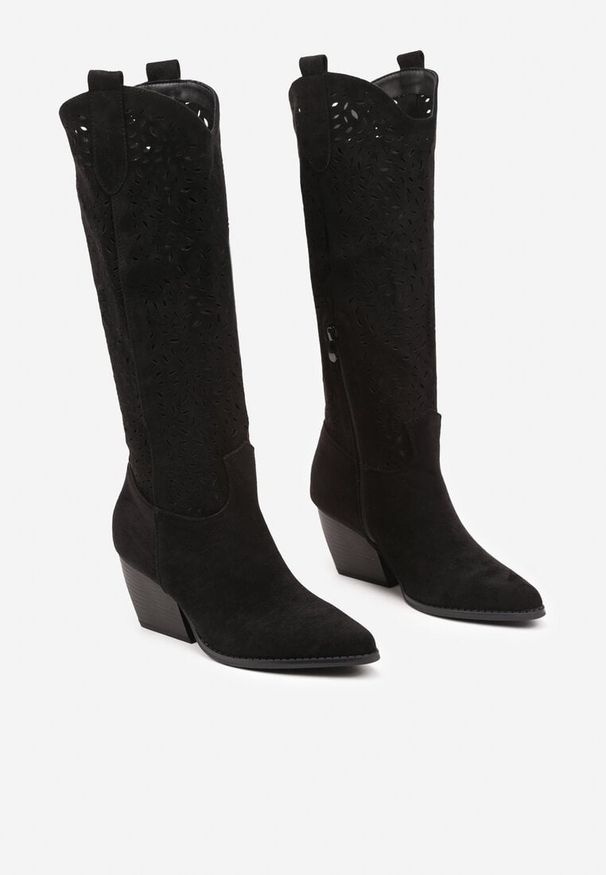 Born2be - Czarne Botki Kowbojki na Stożkowym Obcasie Fonethis. Okazja: na co dzień. Kolor: czarny. Materiał: jeans. Wzór: aplikacja. Obcas: na obcasie. Styl: boho, casual. Wysokość obcasa: średni
