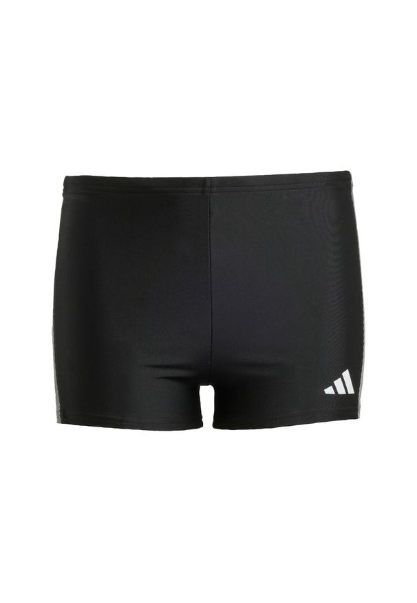 Adidas - Dziecięce bokserki do pływania z kontrastowym zestawieniem kolorów i 3 paskami. Kolor: czarny. Materiał: materiał