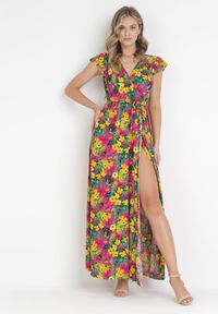Born2be - Żółto-Różowa Sukienka Oceshi. Typ kołnierza: kokarda, kołnierz z falbankami. Kolor: żółty. Materiał: materiał. Wzór: kwiaty. Typ sukienki: kopertowe. Długość: maxi #6