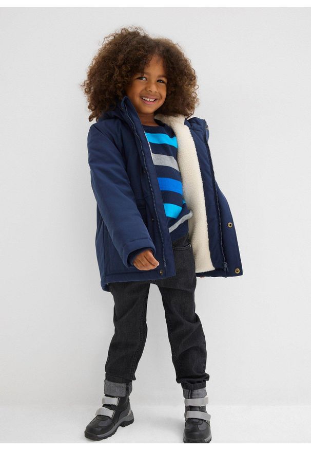 bonprix - Hydrofobowa parka zimowa z kożuszkiem. Kolor: niebieski. Wzór: aplikacja. Sezon: zima