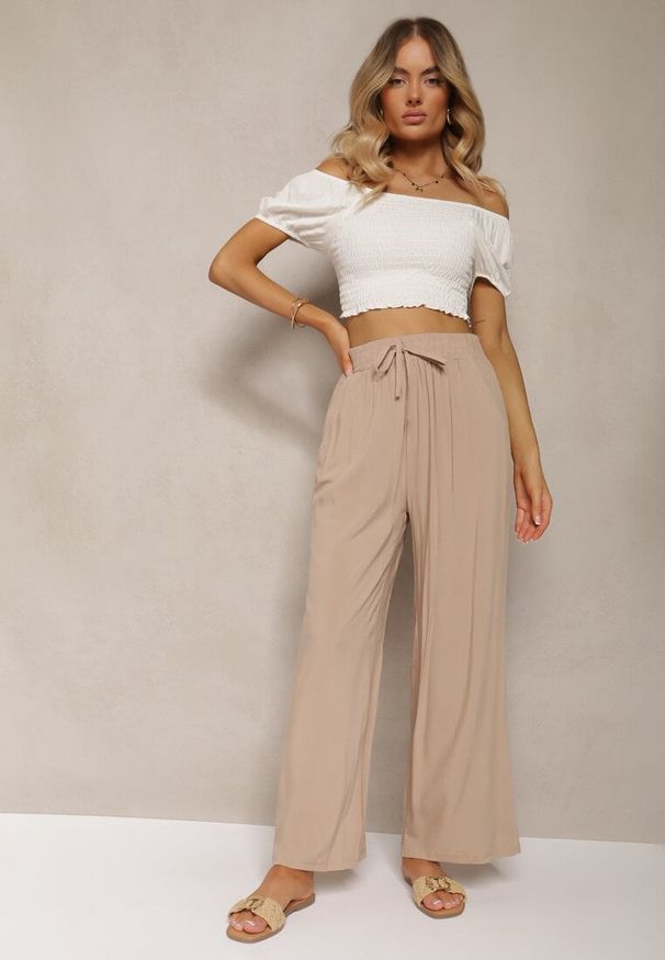 Renee - Beżowe Bawełniane Spodnie Palazzo High Waist z Gumką w Pasie Gitanea. Okazja: na co dzień. Stan: podwyższony. Kolor: beżowy. Materiał: bawełna. Sezon: lato. Styl: casual, elegancki