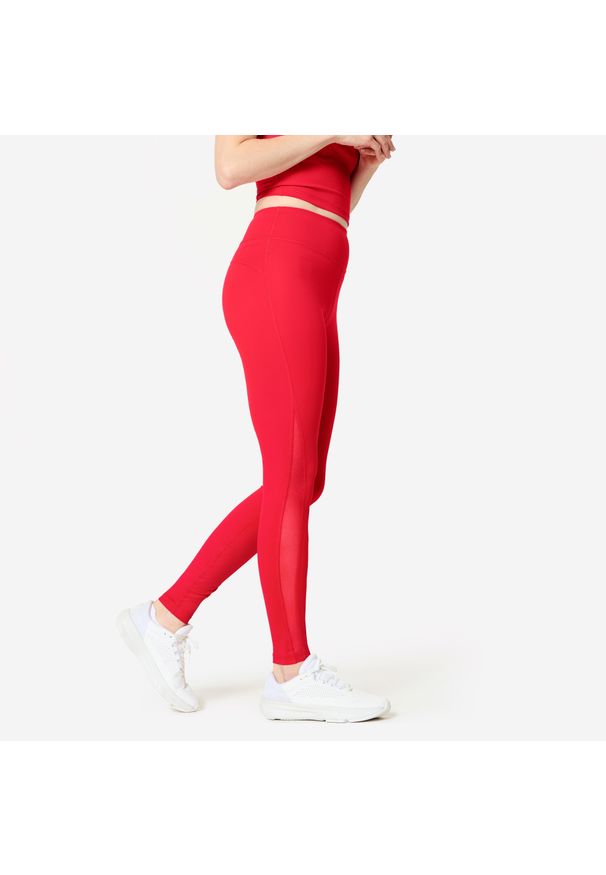 DOMYOS - Legginsy fitness damskie Domyos. Kolor: czerwony. Materiał: elastan, poliester, materiał. Sport: fitness