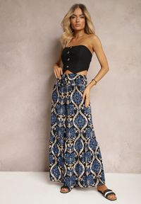 Renee - Czarno-Granatowe Spodnie Szerokie z Wiskozy w Ornamentalny Wzór High Waist Cramelia. Stan: podwyższony. Kolor: czarny. Materiał: wiskoza. Długość: długie #4