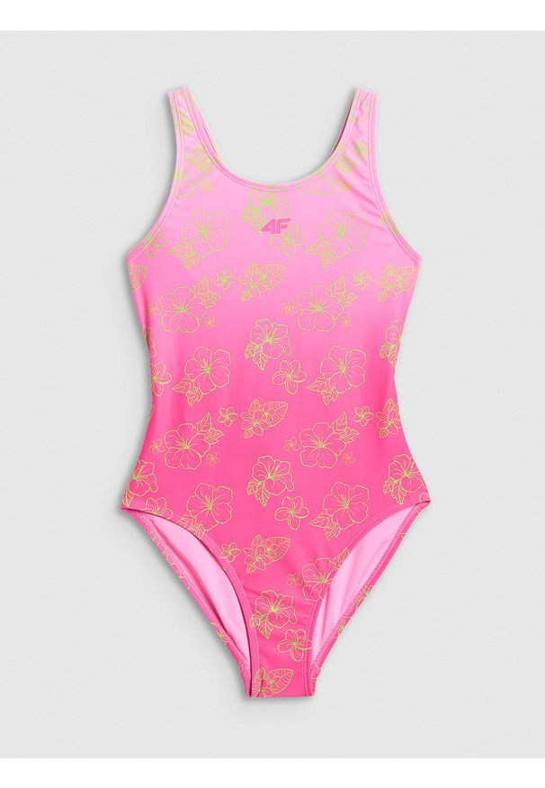 4f - 4F Kostium kąpielowy jednoczęściowy dziewczęcy - różowy 122/128 (6-8 lat). Kolor: różowy. Materiał: materiał. Wzór: nadruk