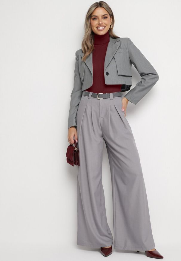 Born2be - Szare Szerokie Spodnie Palazzo z Wysokim Stanem i Paskiem z Ekoskóry oraz Metalową Klamrą Ninna. Okazja: na spotkanie biznesowe, do pracy, na co dzień. Stan: podwyższony. Kolor: szary. Styl: casual, biznesowy