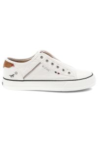 Białe Trampki Mustang Wsuwane Obuwie Damskie. Okazja: na co dzień. Zapięcie: bez zapięcia. Kolor: biały. Materiał: jeans, materiał. Wzór: haft. Sezon: lato. Styl: casual, elegancki, sportowy #4
