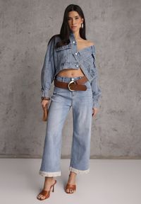 Renee - Niebieskie Jeansy z Bawełną i Koronką przy Nogawkach Neathlin. Okazja: na co dzień, do pracy. Stan: podwyższony. Kolor: niebieski. Wzór: koronka. Styl: casual #1