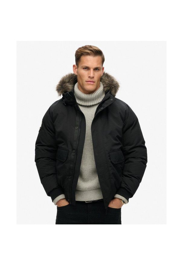 Superdry - Kurtka Bomber z Ekologicznej Futrzanej Wstawki Everest. Kolor: czarny. Materiał: futro. Długość rękawa: długi rękaw