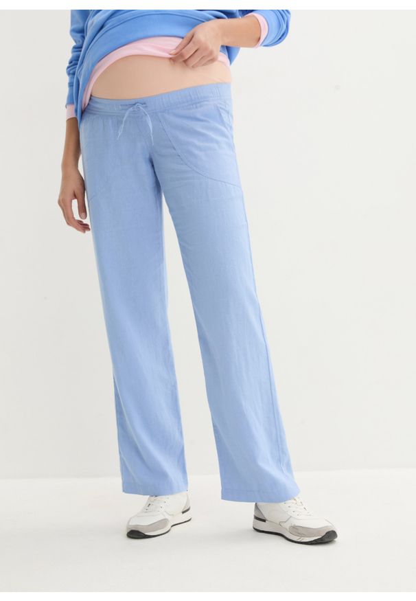 bonprix - Spodnie ciążowe Straight. Kolekcja: moda ciążowa. Kolor: niebieski. Materiał: len
