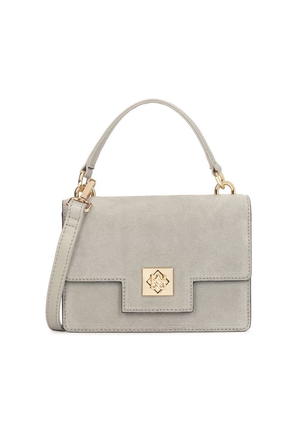 Kazar - Szara torebka z rączką i paskiem. Kolor: szary. Wzór: gładki. Materiał: zamszowe, skórzane. Rozmiar: małe. Styl: casual