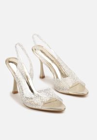 Renee - Złote Przezroczyste Sandały na Szpilce Slingback Ozdobione Cyrkoniami Fodaria. Kolor: złoty. Wzór: aplikacja. Sezon: lato. Obcas: na szpilce. Styl: klasyczny. Wysokość obcasa: średni #5