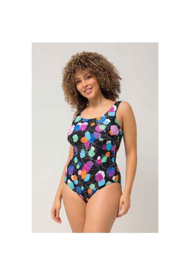 ULLA POPKEN - Damskie Kostium kąpielowy grochy bez miękkich miseczek pas pod biustem. Kolekcja: plus size. Kolor: czarny. Materiał: poliamid, poliester, materiał, elastan. Wzór: grochy