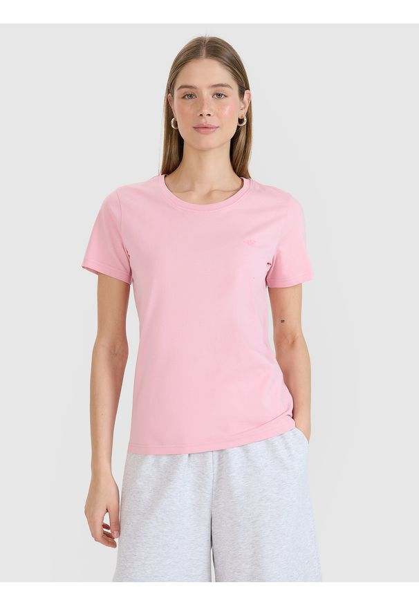4f - 4F T-shirt regular gładki damski - różowy S. Okazja: na co dzień. Kolor: różowy. Materiał: dzianina, bawełna, jersey. Długość rękawa: krótki rękaw. Długość: krótkie. Wzór: gładki. Sezon: lato. Styl: klasyczny, sportowy, casual