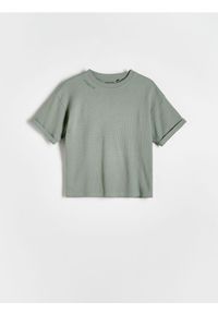 Reserved - T-shirt oversize z nadrukiem - ciemnoszary. Kolor: szary. Materiał: dzianina, bawełna. Wzór: nadruk