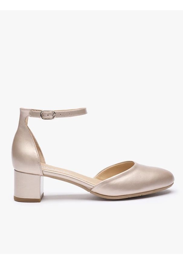 Ryłko - Platynowe ślubne czółenka ze skóry licowej. Okazja: na wesele, na ślub cywilny. Nosek buta: okrągły. Zapięcie: sprzączka. Kolor: beżowy. Materiał: skóra. Obcas: na obcasie. Styl: klasyczny, elegancki, street. Wysokość obcasa: średni
