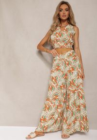 Renee - Pomarańczowo-Zielony Komplet Boho z Bawełny Krótki Top na Ramiączkach z Gumką Szerokie Spodnie Rasida. Kolor: pomarańczowy. Materiał: bawełna #3