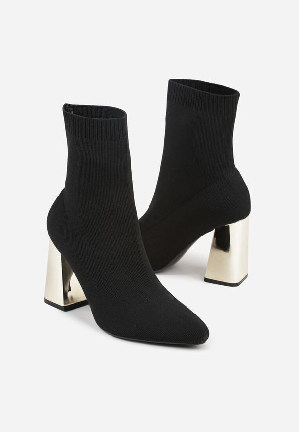 Born2be - Czarno-Złote Eleganckie Botki VICES na Słupku ze Skarpetkową Cholewką Rasoria. Okazja: na co dzień, na spotkanie biznesowe, do pracy. Zapięcie: bez zapięcia. Kolor: czarny. Materiał: satyna, skóra. Szerokość cholewki: normalna. Obcas: na słupku. Styl: elegancki