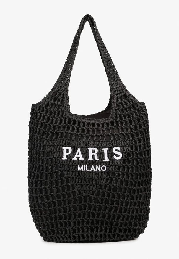 Born2be - Czarna Torebka Shopper z Plecionką i Napisami Navessa. Kolor: czarny. Wzór: napisy. Sezon: lato, wiosna. Styl: klasyczny, casual