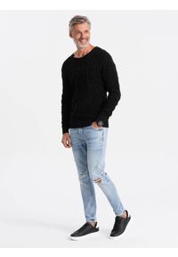 Ombre Clothing - Sweter męski z warkoczowym splotem - czarny V3 E195 - XXL. Okazja: na co dzień. Kolor: czarny. Materiał: bawełna, jeans, akryl. Wzór: ze splotem. Styl: klasyczny, casual, elegancki #3