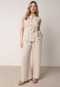 Born2be - Beżowy Wiskozowy Komplet Szerokie Spodnie i Koszula Bez Rękawów z Wiązaniem Zanran. Kolor: beżowy. Materiał: wiskoza #1
